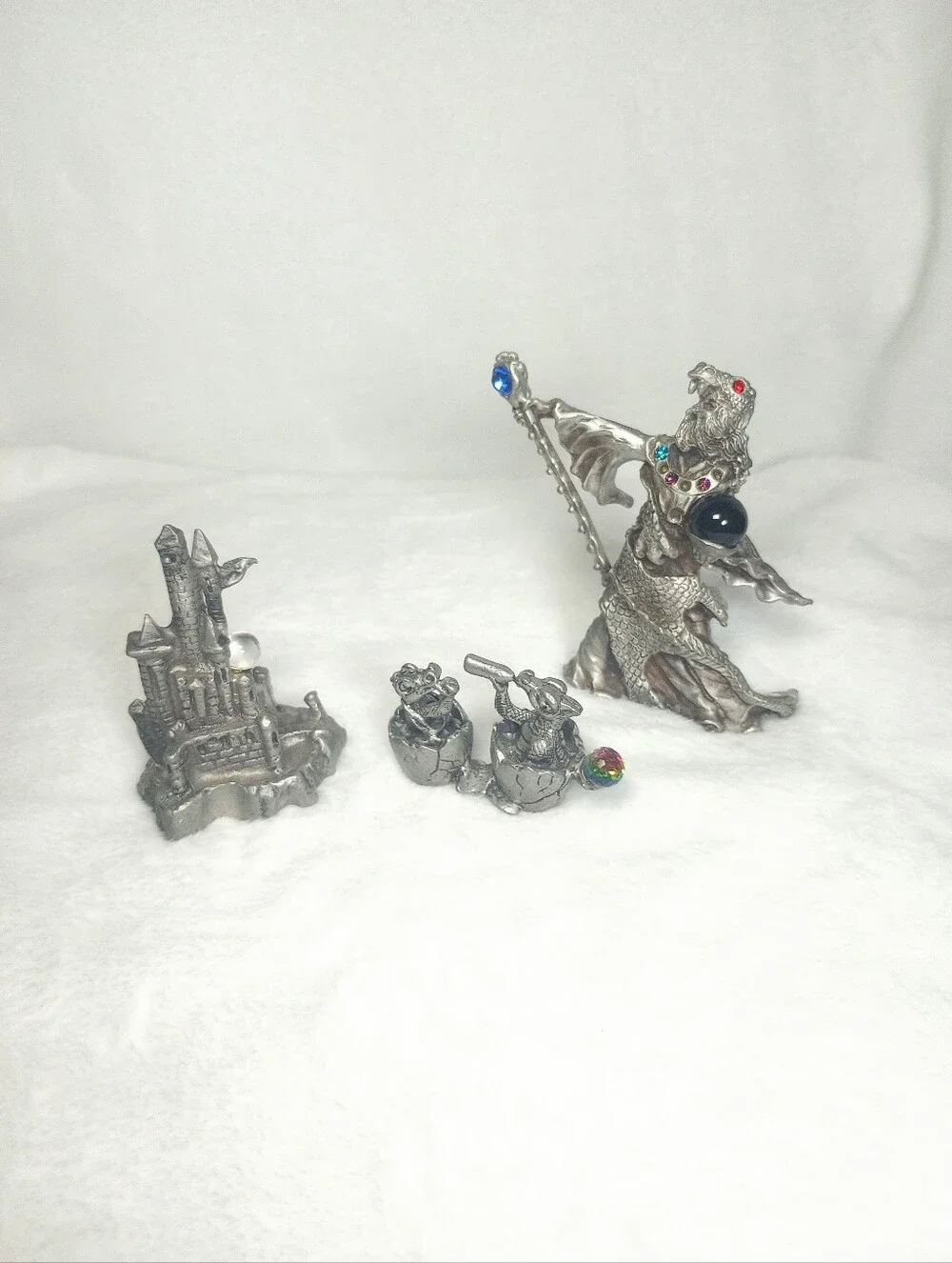 Pewter Wizard Figurines Orb Ball With Jewels Baby Dragon In Egg Castle With Orb